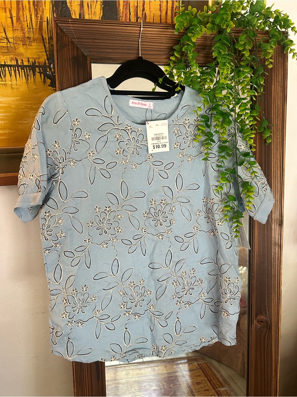 Light Blue Floral Eyelet Short Sleeve blouse